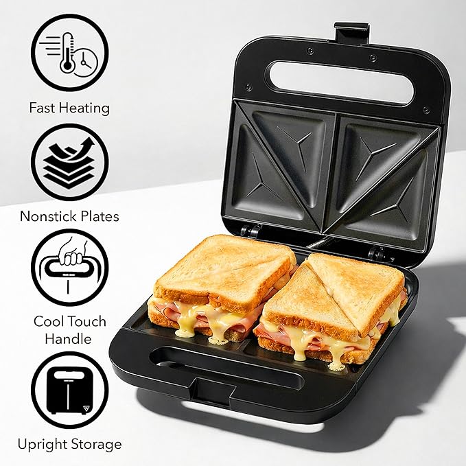 OVENTE Electric Sandwich Maker with Non-Stick Plates, Indicator Lights, Cool Touch Handle, Easy to Clean and Store, Perfect for Cooking Breakfast, Grilled Cheese, Tuna Melts and Snacks, Black GPS401B