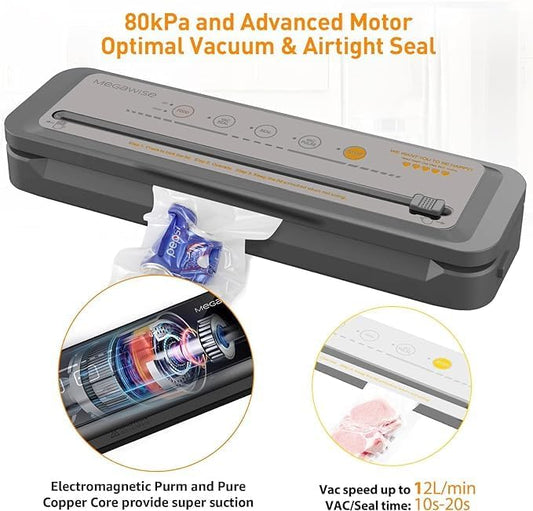 MegaWise Vacuum Sealer Machine, 80kPa Suction Power, One-Touch Automatic Operation, Compact Design with Built-in Cutter, Includes Vacuum Bags, Ideal for Food Storage (Silver)