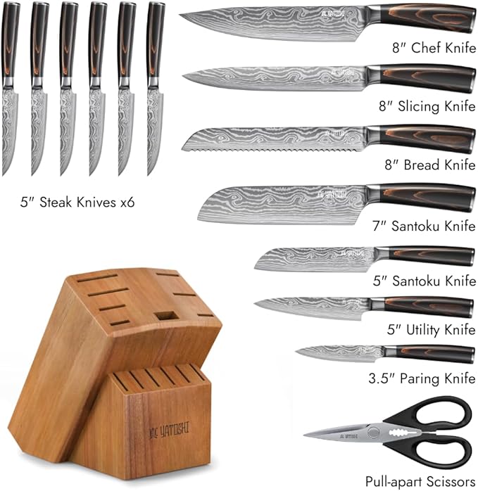 Yatoshi Professional Kitchen Knife Set, 15 Pieces, High Carbon Stainless Steel, Ergonomic Handle