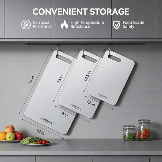 Titanium Cutting Boards Set of 3, 100% Pure Titanium Kitchen Cutting Board, Double-Sided Non-Toxic Cutting Board, Ideal for Slicing and Dicing Meats, Features Handle, Dishwasher Safe