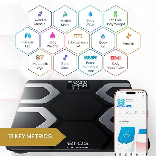 INEVIFIT EROS Bluetooth Body Fat Scale Smart BMI Highly Accurate Digital Bathroom Body Composition Analyzer with Wireless Smartphone APP 400 lbs 11.8 x 11.8 inch (Black)