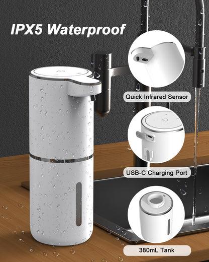 Automatic Foam Soap Dispenser, 380ml Rechargeable Touchless Wall Mounted Soap Dispenser with 4 Adjustable Levels, IPX5