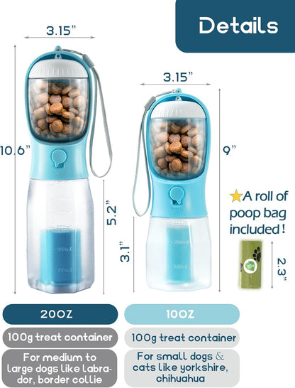 Portable Water Bottle for Dogs, 3 in 1 Pet Travel Bowl Dispenser with Food Treat Container & Poop Bag Holder,
