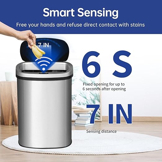 BestOffice | 13 Gallon Trash Can with Lid | Automatic Touchless Garbage Can | Odor Control | Modern Oval Design | Easy to Clean | Stainless Steel | Fits Any Kitchen, Bathroom, Office or Home