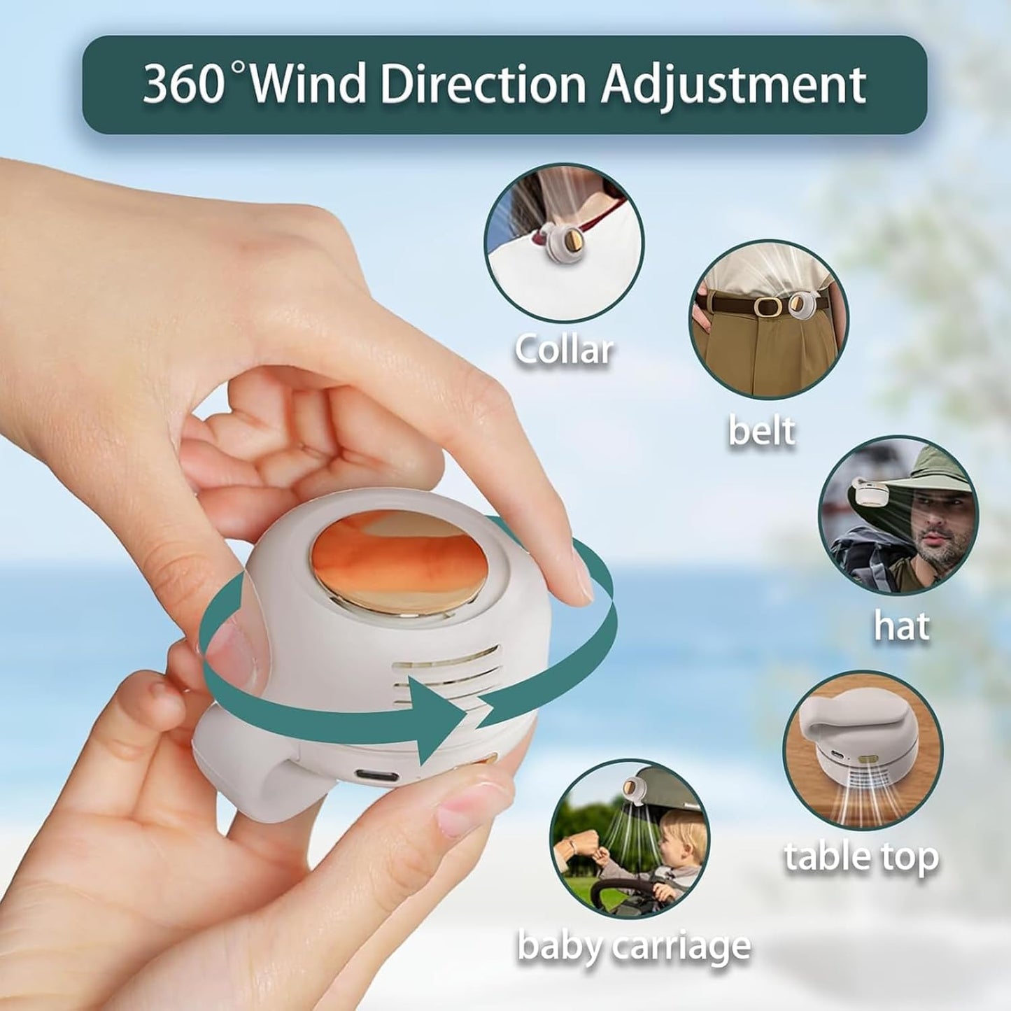Portable Clip On Fan, 3-Speed Silent Mini Bladeless Fans, Mini USB Rechargeable 360°