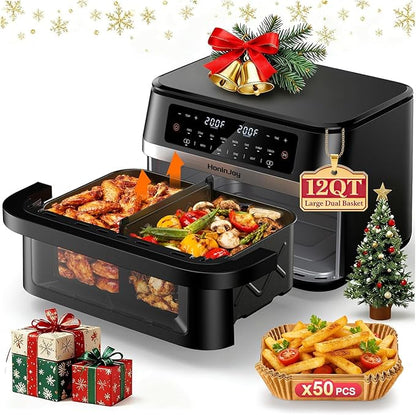 12QT Large Dual Basket Air Fryer with Flex Basket, Viewing Window and 50PCS Paper Liners, 12-in-1 Family Size with Sync & Dual & Light, Double Zone for Bake, Roast, Reheat, Dishwasher Safe