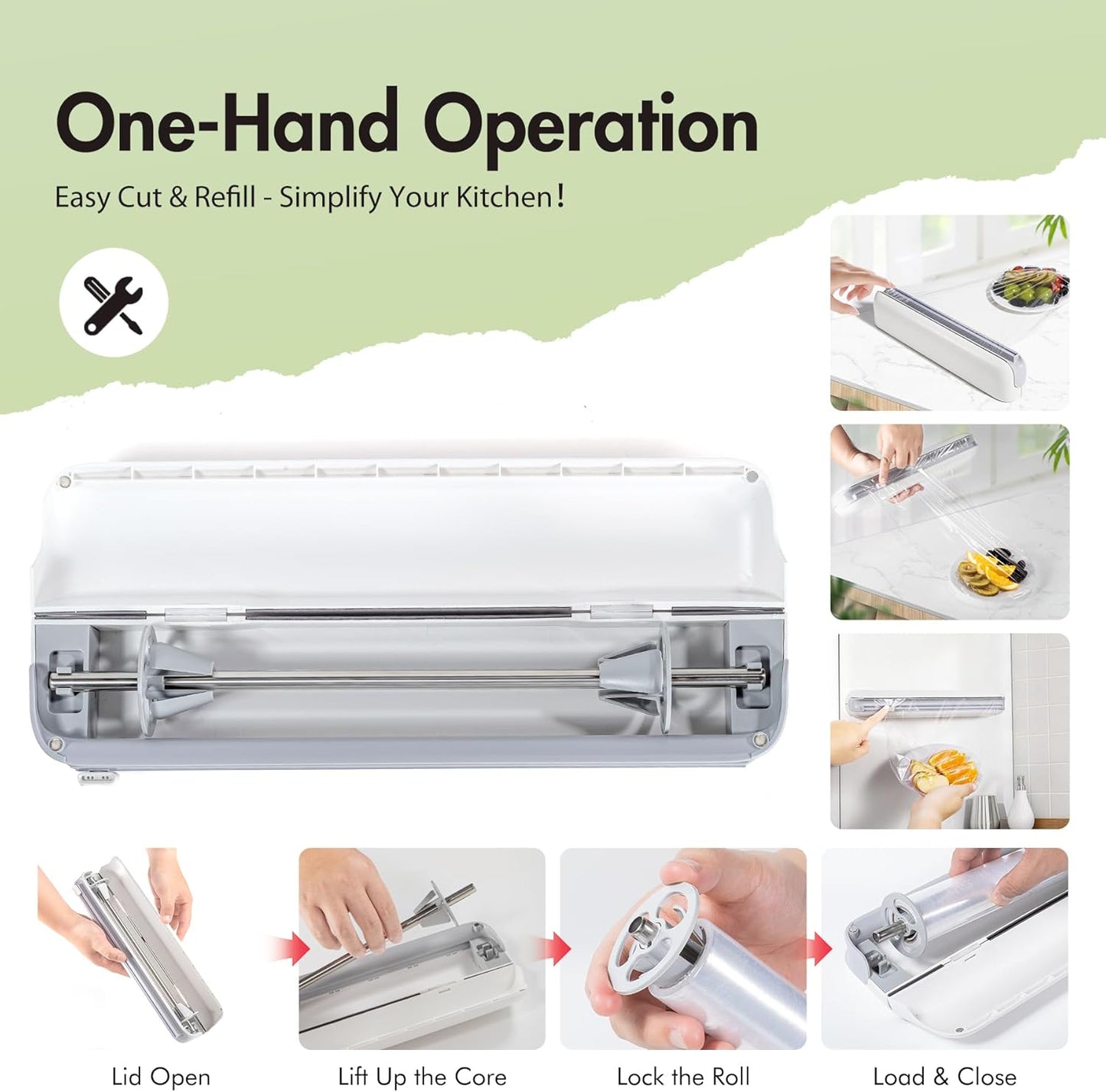 Aluminum Foil & Plastic Wrap Dispenser with Cutter - Easy One-Hand Operation, Space-Saving Kitchen Organizer for Worktops & Cabinets, Magnetic Cling Film Dispenser