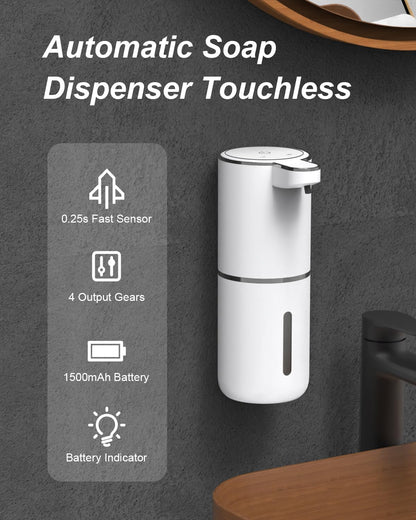 Automatic Foam Soap Dispenser, 380ml Rechargeable Touchless Wall Mounted Soap Dispenser with 4 Adjustable Levels, IPX5