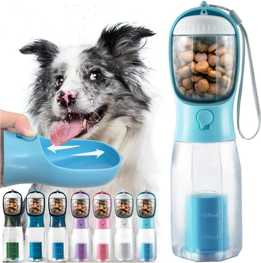 Portable Water Bottle for Dogs, 3 in 1 Pet Travel Bowl Dispenser with Food Treat Container & Poop Bag Holder,