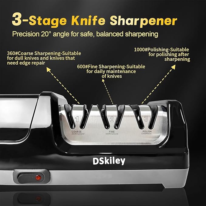 Electric Knife Sharpener for Kitchen – Professional 3-Stage 100% Diamond System with 20° Precision Angle, Fast Sharpening to Restore & Polish Chef Knives(Black)
