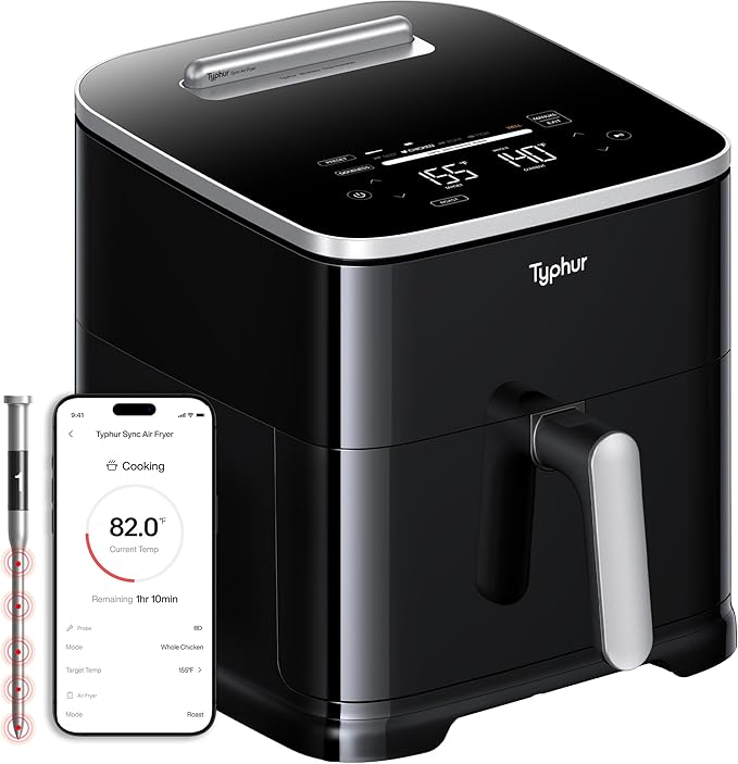 Typhur Sync 8QT AI Smart Air Fryer with Built-in Wireless Meat Thermometer, 9-in-1 XL Non Toxic Ceramic Airfryer, 450°F Max,
