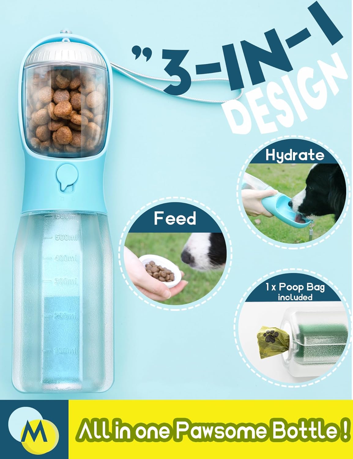 Portable Water Bottle for Dogs, 3 in 1 Pet Travel Bowl Dispenser with Food Treat Container & Poop Bag Holder,