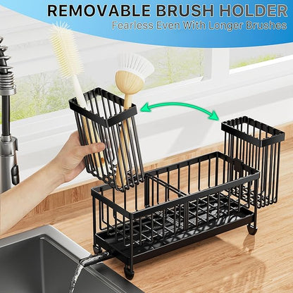 Cisily Sponge Holder for Kitchen Sink, Sink Caddy Organizer with High Brush Holder, Kitchen Countertop Organizers and Storage Essentials, Rustproof 304 Stainless Steel (Black, 9.25″)
