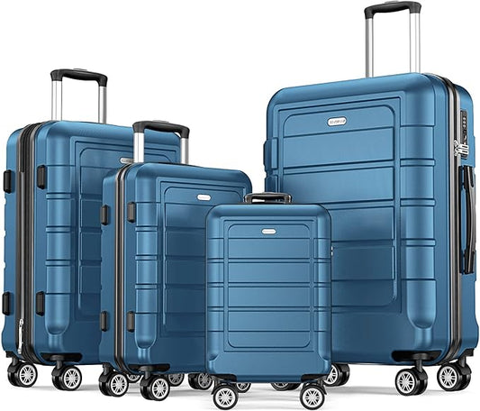 SHOWKOO Luggage Set (4-Piece Set, Navy Blue): Durable luggage made from 100% polycarbonate, featuring expandable capacity, smooth dual-spinner wheels, and a TSA-approved lock.