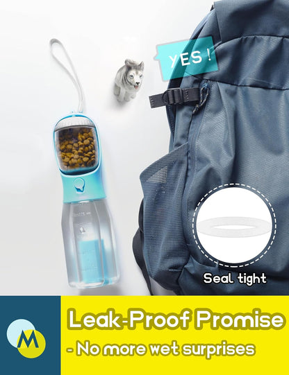 Portable Water Bottle for Dogs, 3 in 1 Pet Travel Bowl Dispenser with Food Treat Container & Poop Bag Holder,